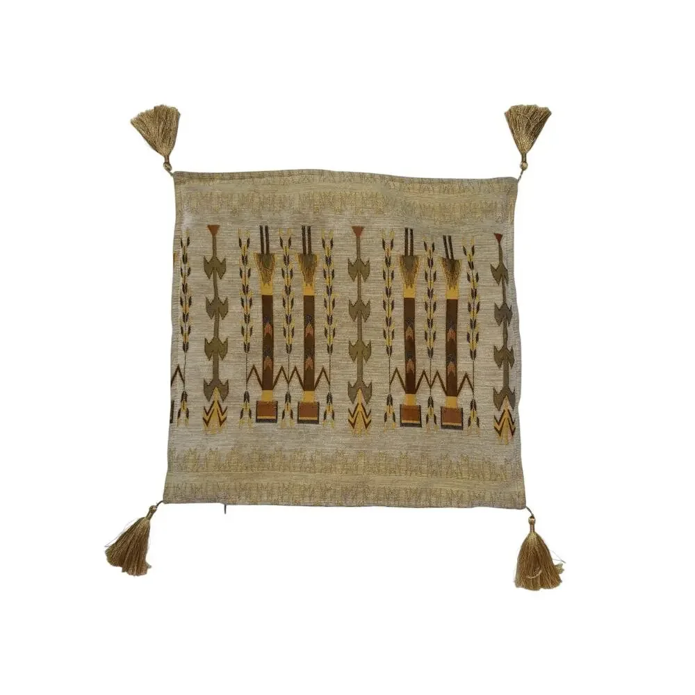 THE LOOM ALASKA Tan & Gold Embroidered Pillow Cover Square Corduroy Indigenous